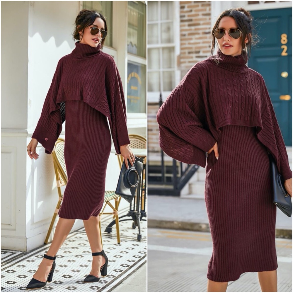 turtleneck ribbed classic knit sweater dress wine - Picture 9 of 10